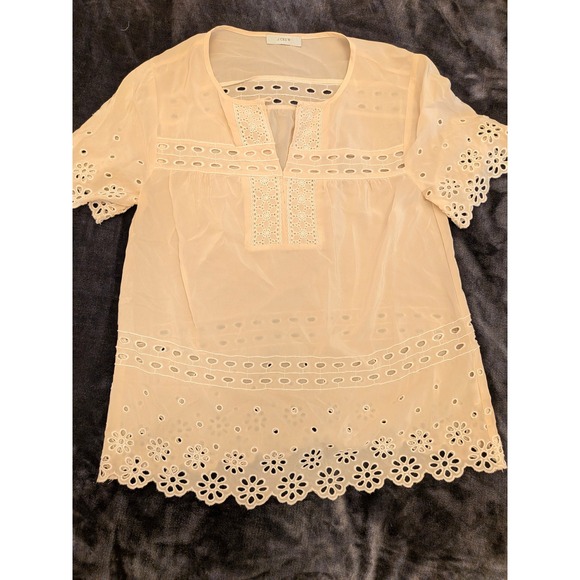J. Crew Factory Tops - J Crew 100% Silk Cream Eyelet BOHO Popover Tunic Top Shirt Blouse S Beachy Euro